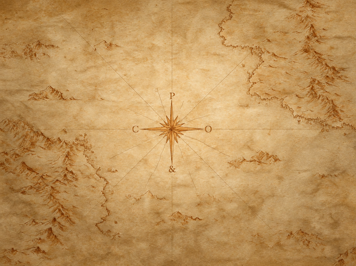 An old, beige-colored treasure map with a decorative compass rose at the center, surrounded by faint mountain and land outlines.