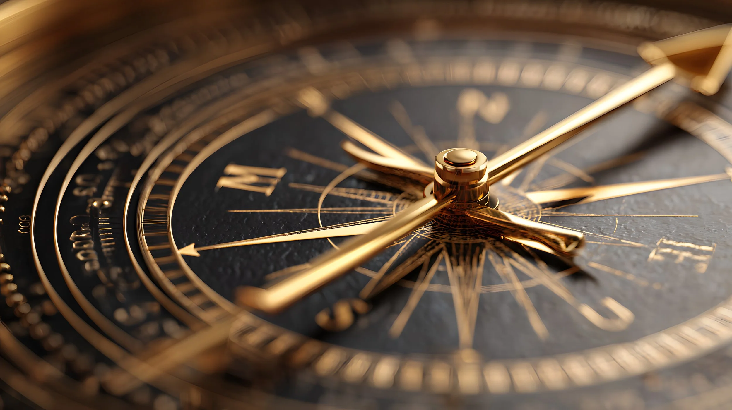 Close-up of a luxury clock with gold details and Roman numerals on a dark background.