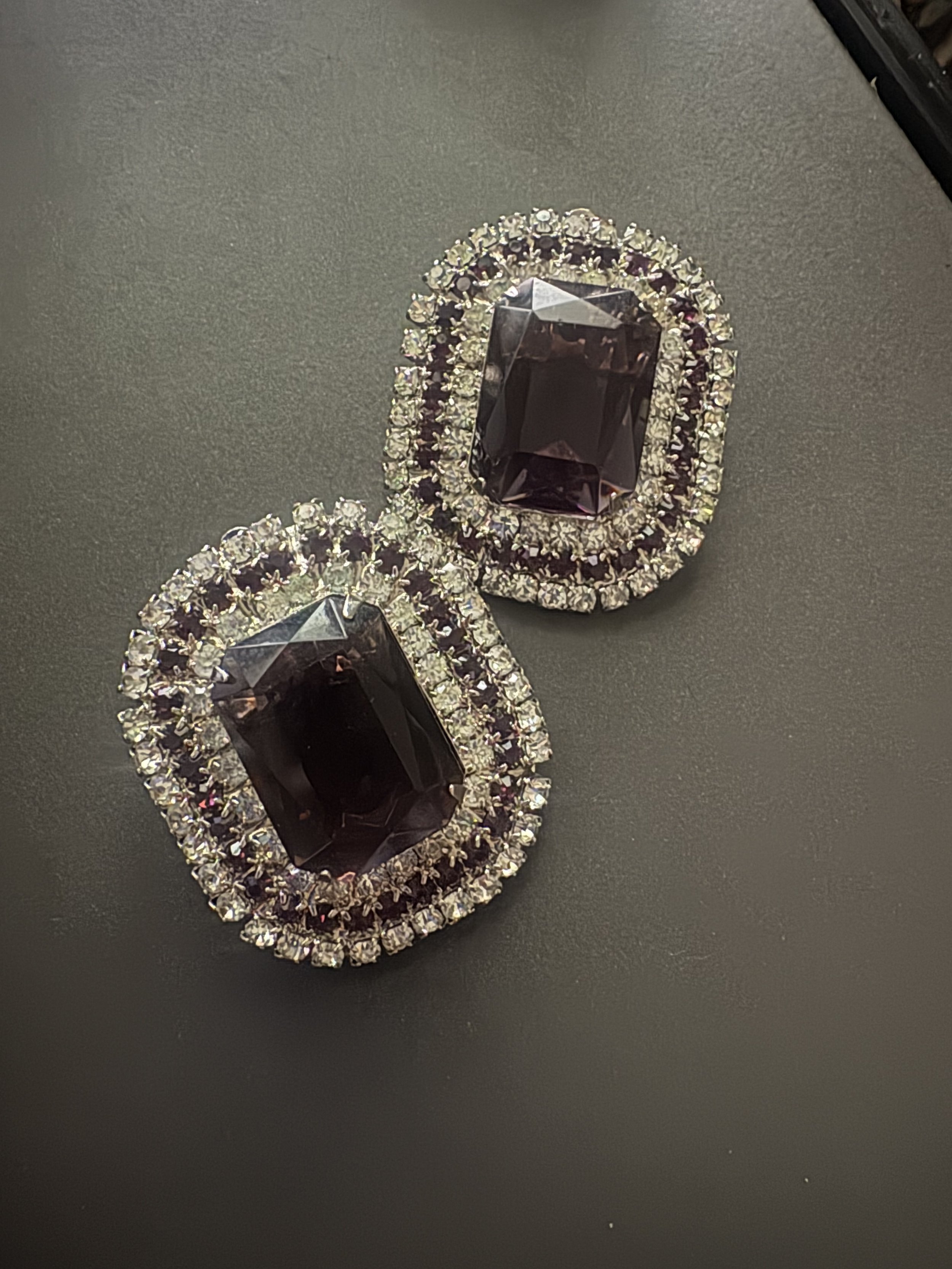Pair of Huge Rectangular Amethyst and Rhinestone Clip on Earrings