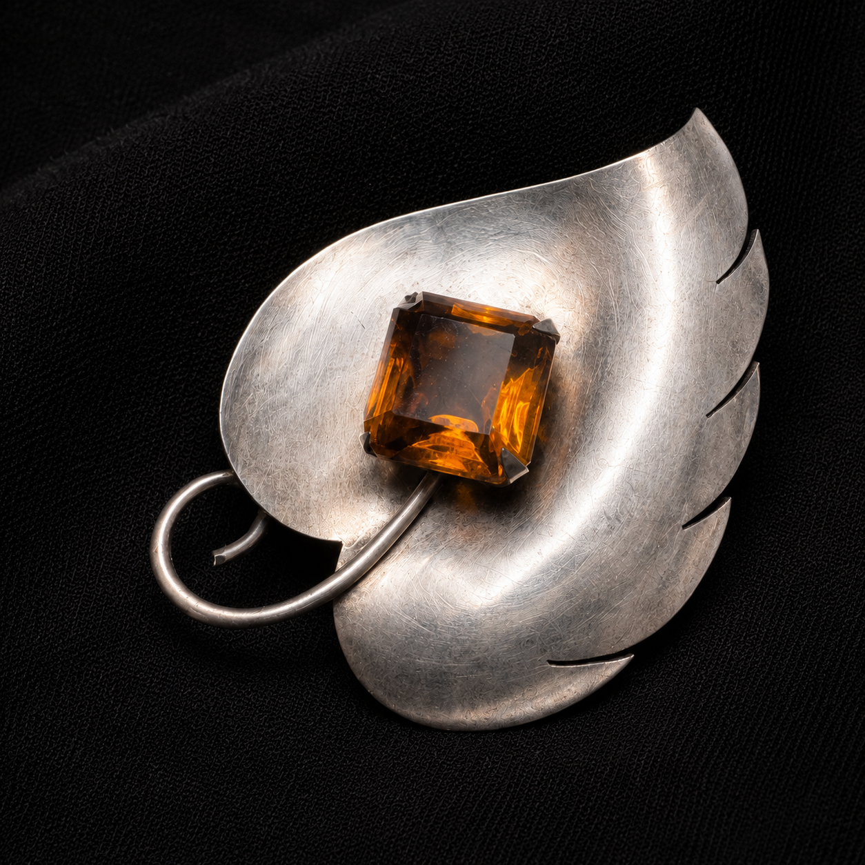 Sterling Silver Leaf Brooch with Emerald-Cut Amber Glass Stone