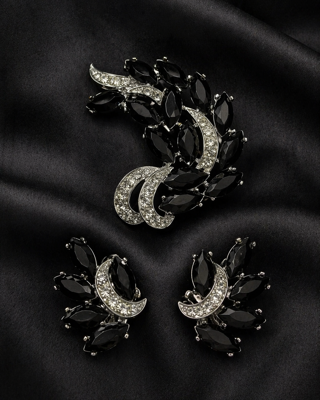 Vintage Sarah Coventry 3-Piece Set of Faux Onyx and Rhinestones