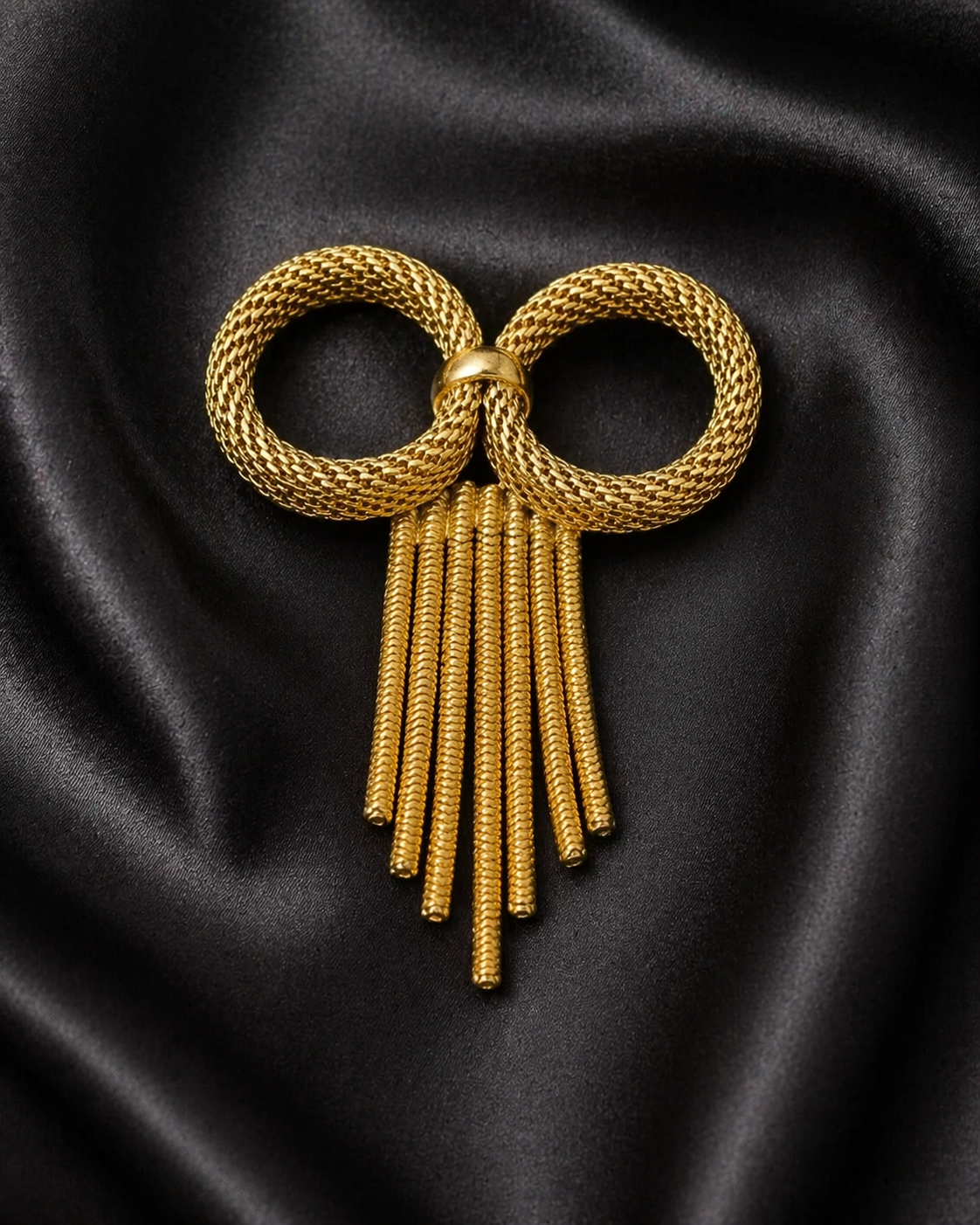 Goldtone Freirich Mesh Bowtie Brooch with Hanging Chains