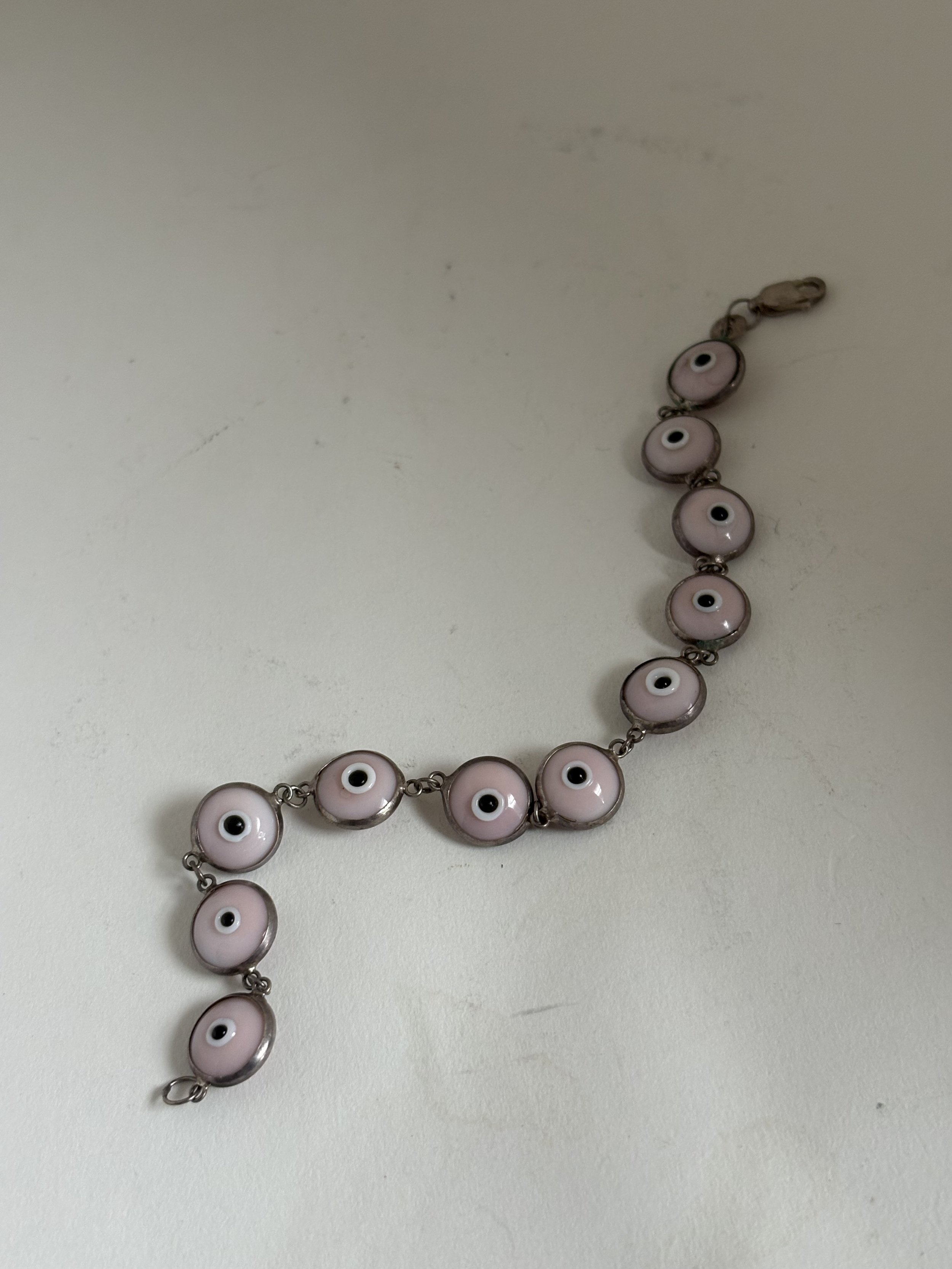 Sterling Silver Nazar (Evil Eye) Pink Glass and Enamel Bracelet