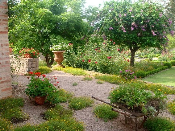 Jardim com árvores, flores coloridas, plantas em vasos e um caminho de pedras.