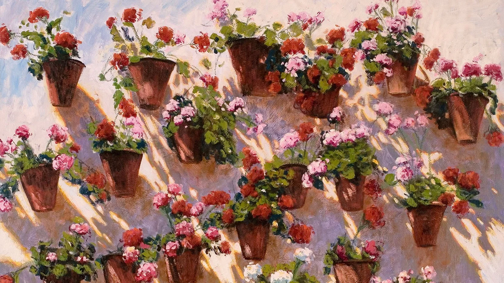 Quatorze vasos de terracota com flores rosas, vermelhas e brancas, dispostos ao longo de uma área iluminada pelo sol, criando sombras e reflexos no chão.