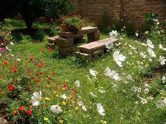 Jardim com flores variadas e uma mesa de pedra ao fundo