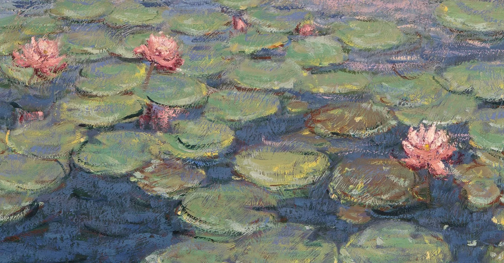 Pintura impressionista de flores de lírio-d'água rosa em uma lagoa com folhas verdes.