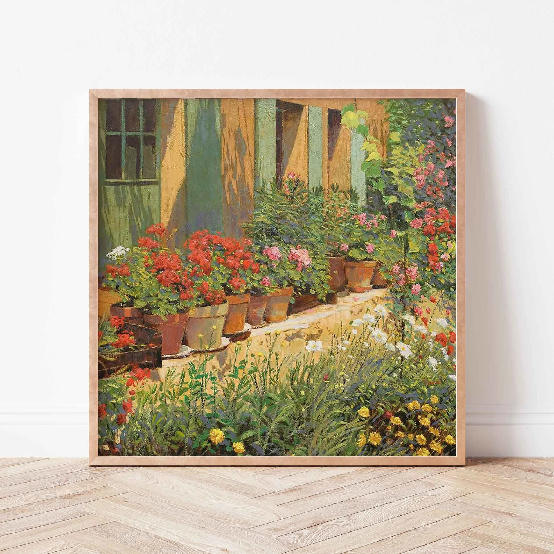 Tela com pintura de jardim, com vasos de flores, plantas e casa ao fundo.