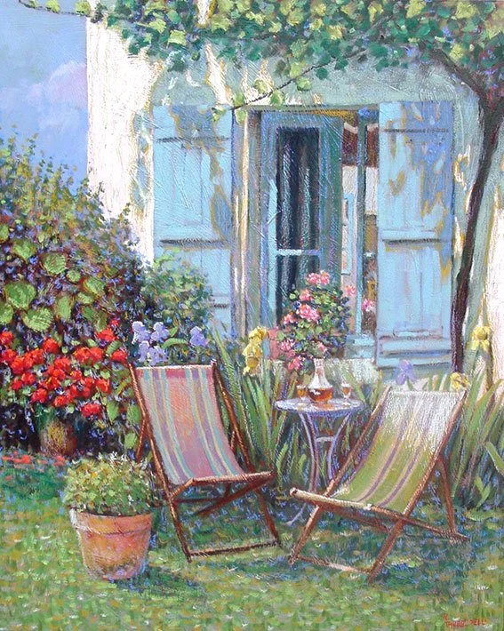 Cadeiras de lona sob a parreira, 100 x 80