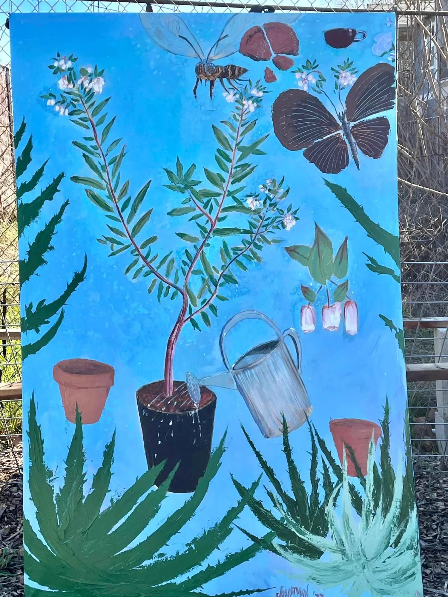 A painting of a garden scene with potted plants, green grass, and two butterflies, with a bee flying above flowers, set against a blue sky.