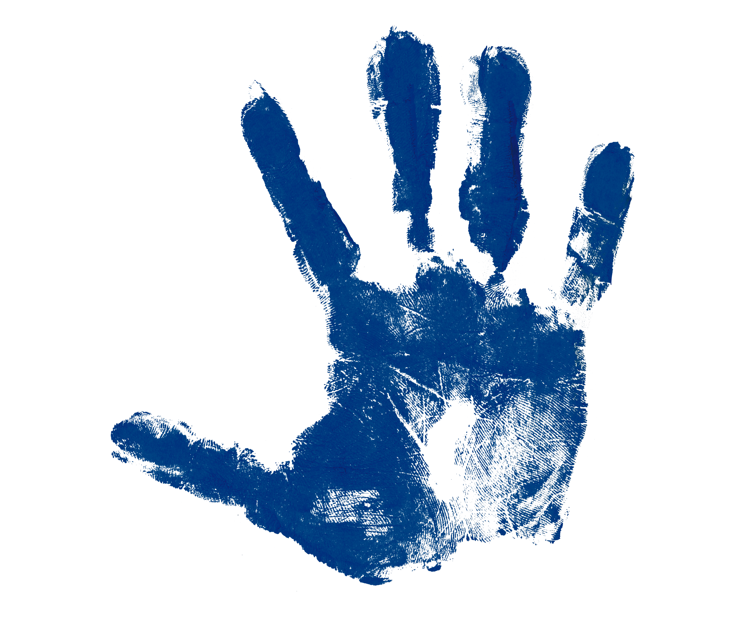 A blue handprint on a black background.