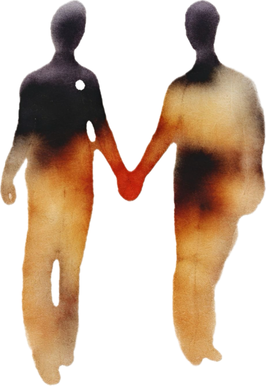 Two stylized human figures holding hands, one slightly taller and more rounded, the other thinner, with abstract, textured coloring.