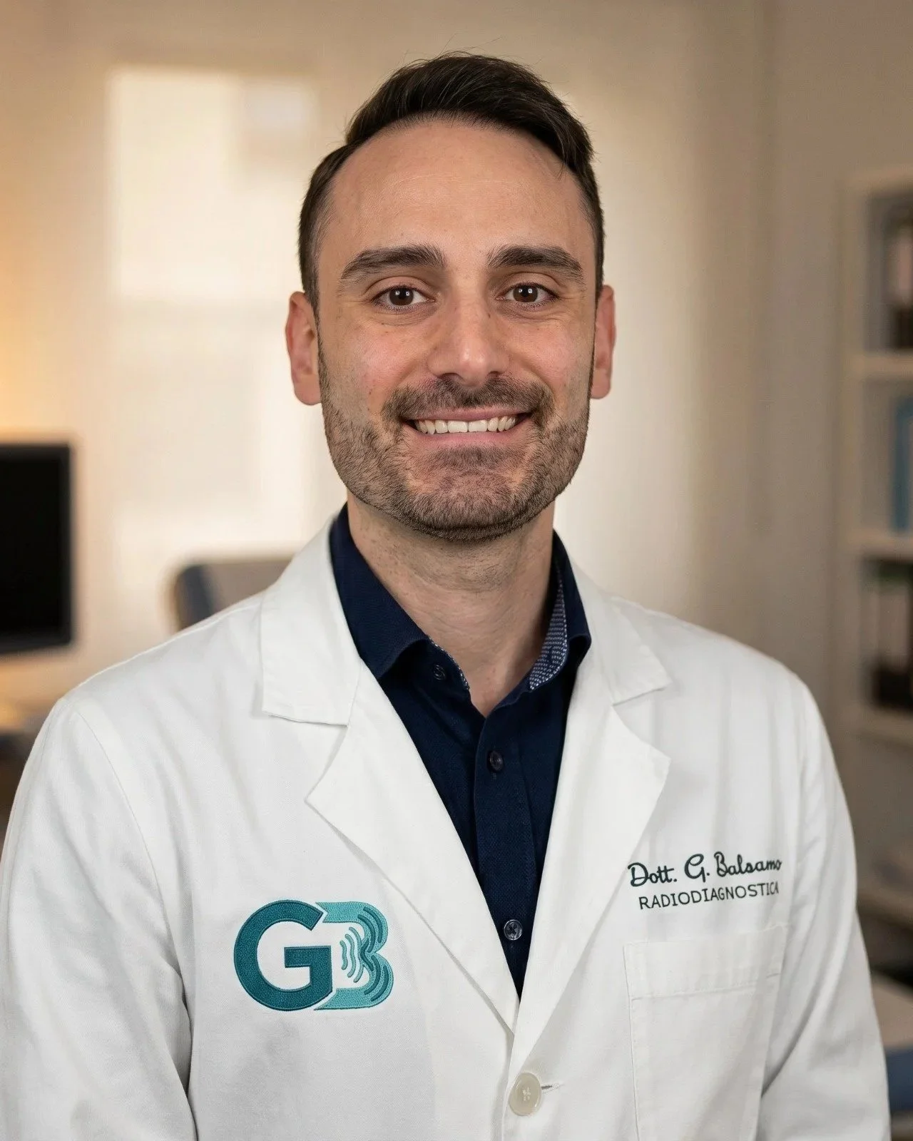 Un uomo sorridente indossa un camice bianco con la scritta 'Dott. G. Balsamo' e 'Radiodiagnostica'.