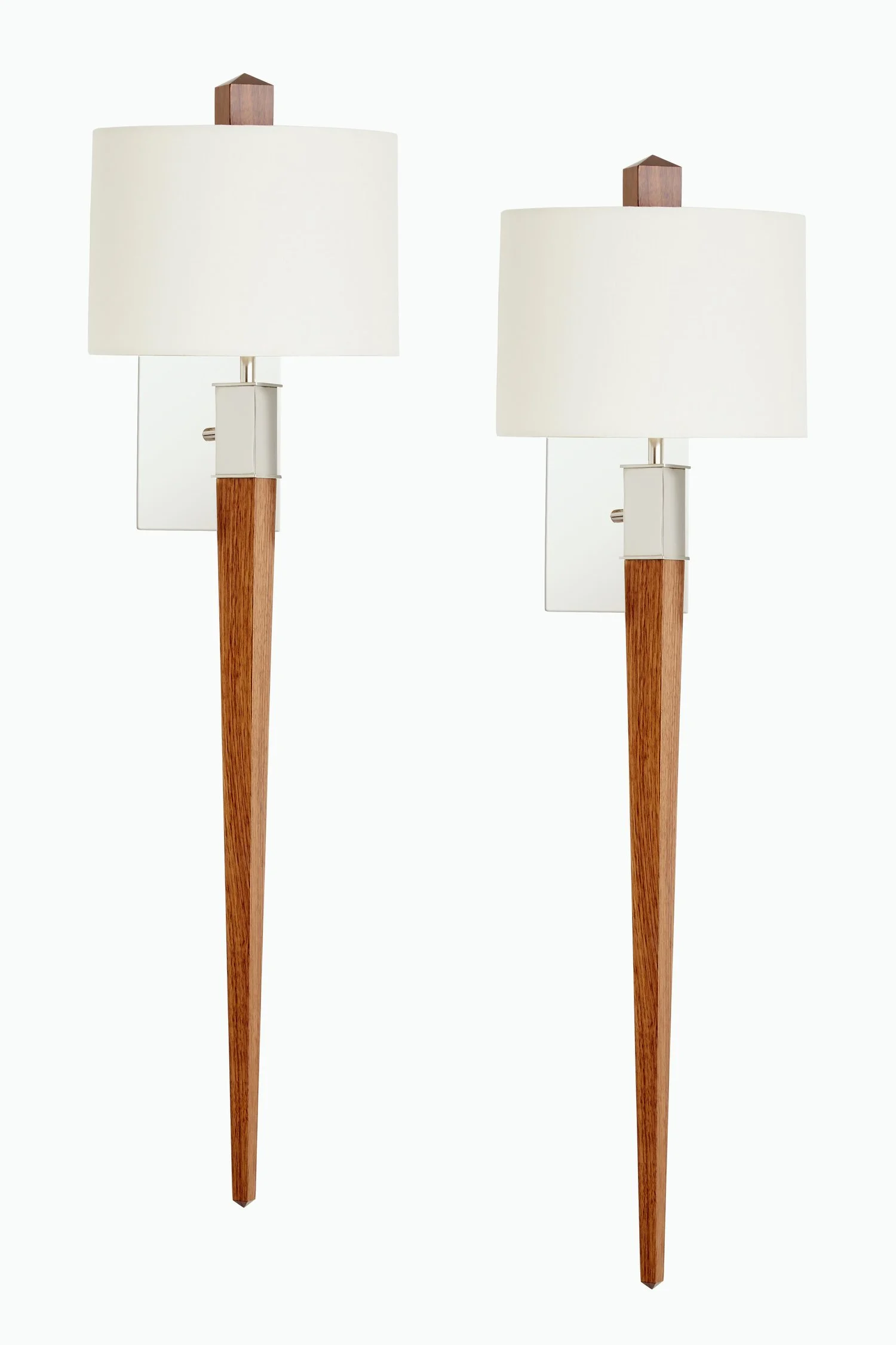 Pair of modern table lamps with wooden bases and white drum shades.