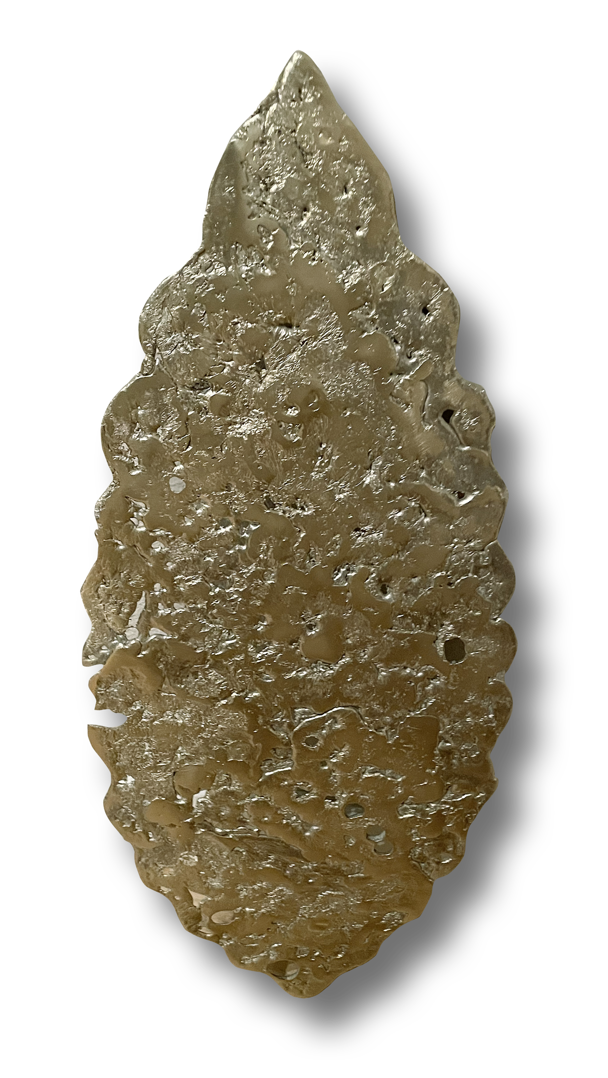 Close-up of a translucent, jagged-edged arrowhead with a textured surface, reflecting light against a black background.