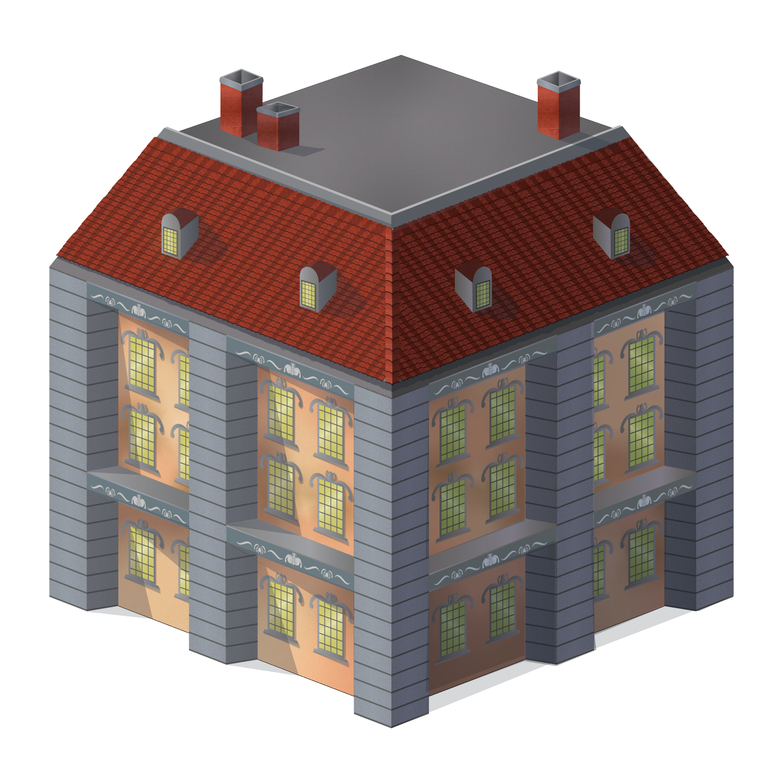 An isometric illustration of a multi-story building with a red-tiled roof, gray brick exterior, arched windows with yellow panes, and decorative blue and white accents on the walls.
