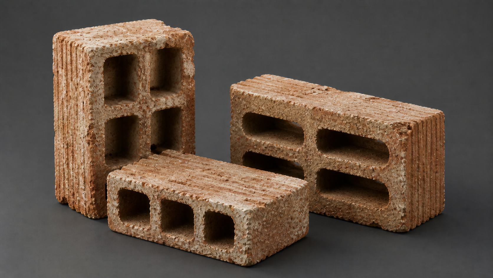 Three clay bricks with rectangular holes on a gray background.