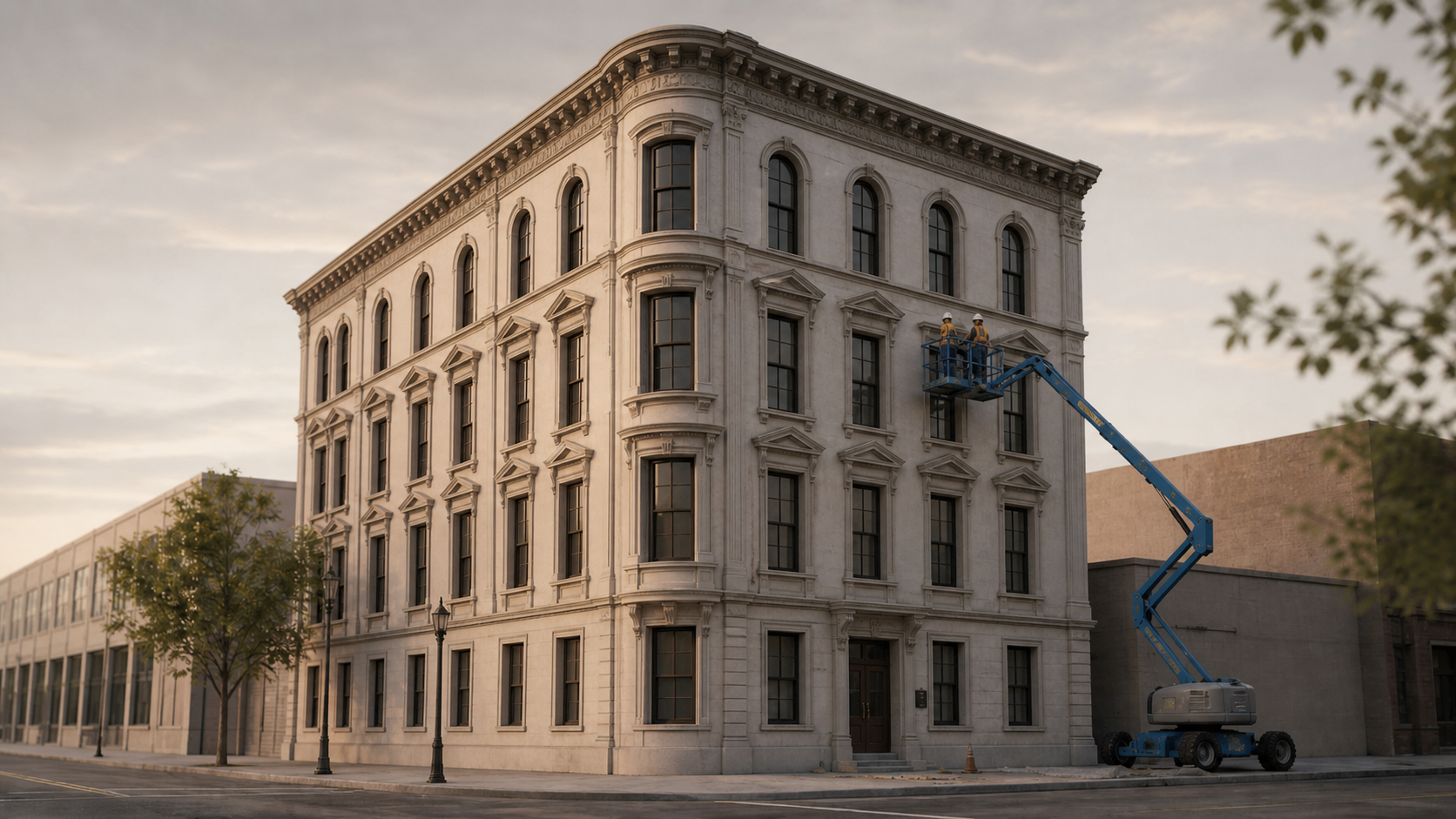 Two workers on a blue boom lift inspecting a white historic building with large windows, amid a city street with trees and vintage lamp posts.