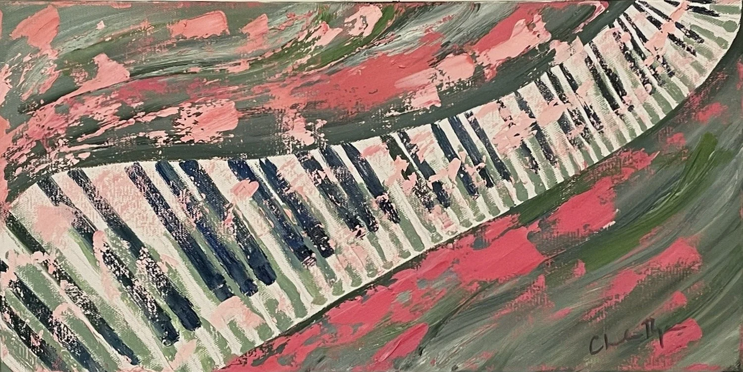 Abstract painting of a green and pink landscape with a large winding piano keyboard in the center, featuring dark green veins and pink accents.