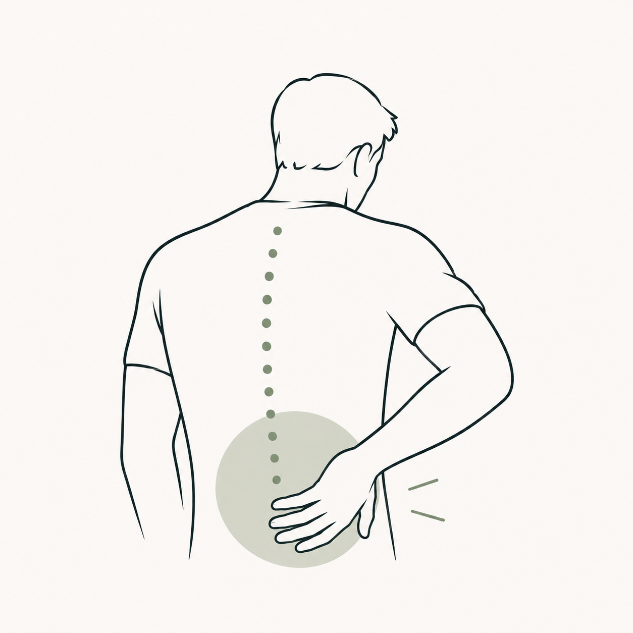A line drawing of a person with their back turned, one hand on their lower back, with a highlighted circular area indicating lower back pain or discomfort.