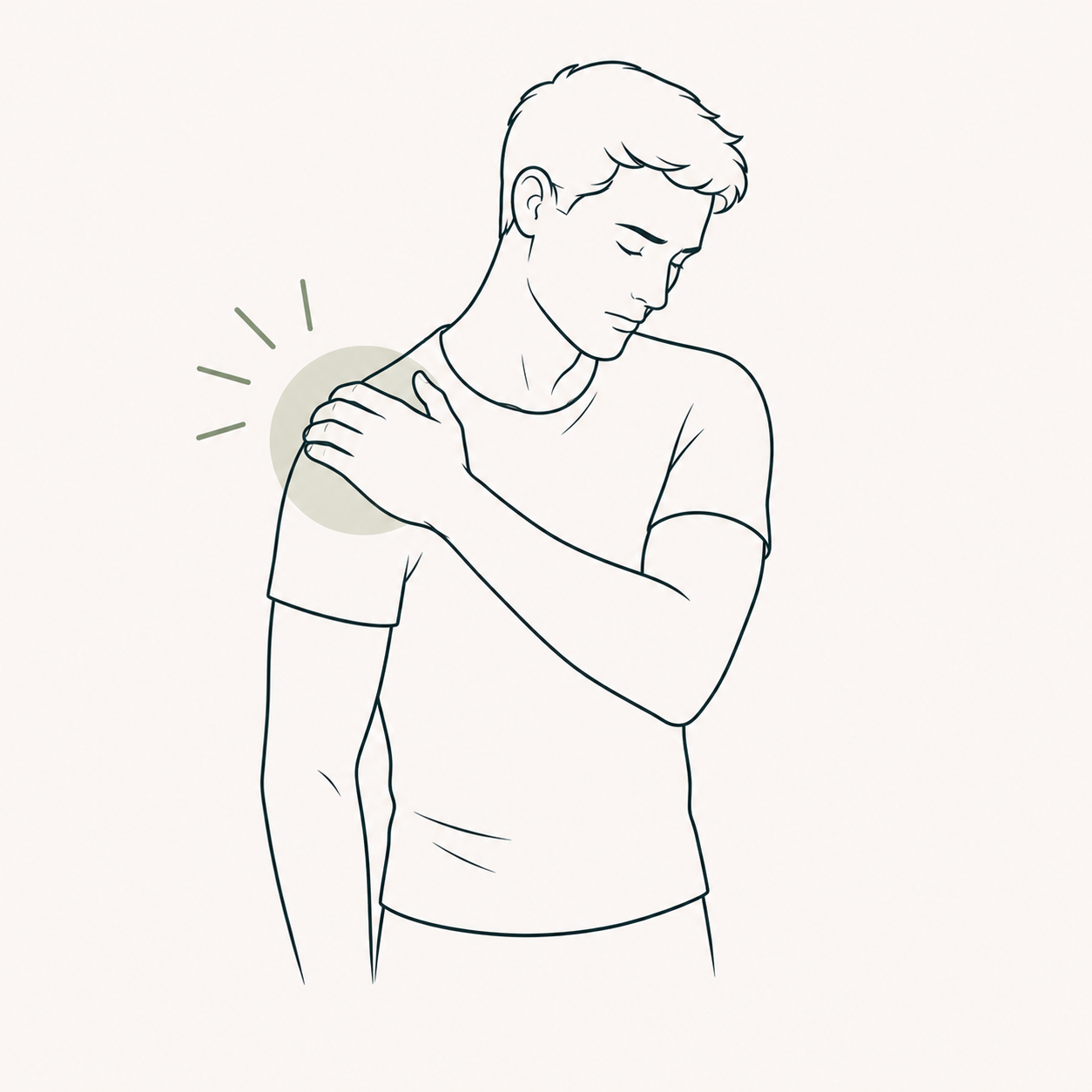 A line drawing of a young man with short hair, wearing a T-shirt, holding his shoulder with a gentle expression, indicating shoulder pain or discomfort.