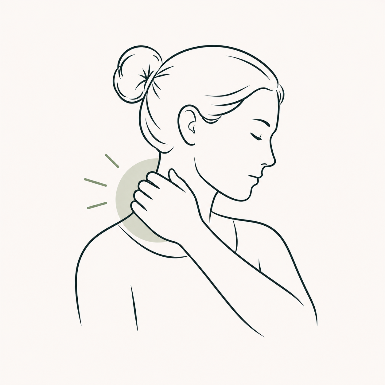 Line drawing of a woman with her hand on her neck, showing signs of neck discomfort or pain.