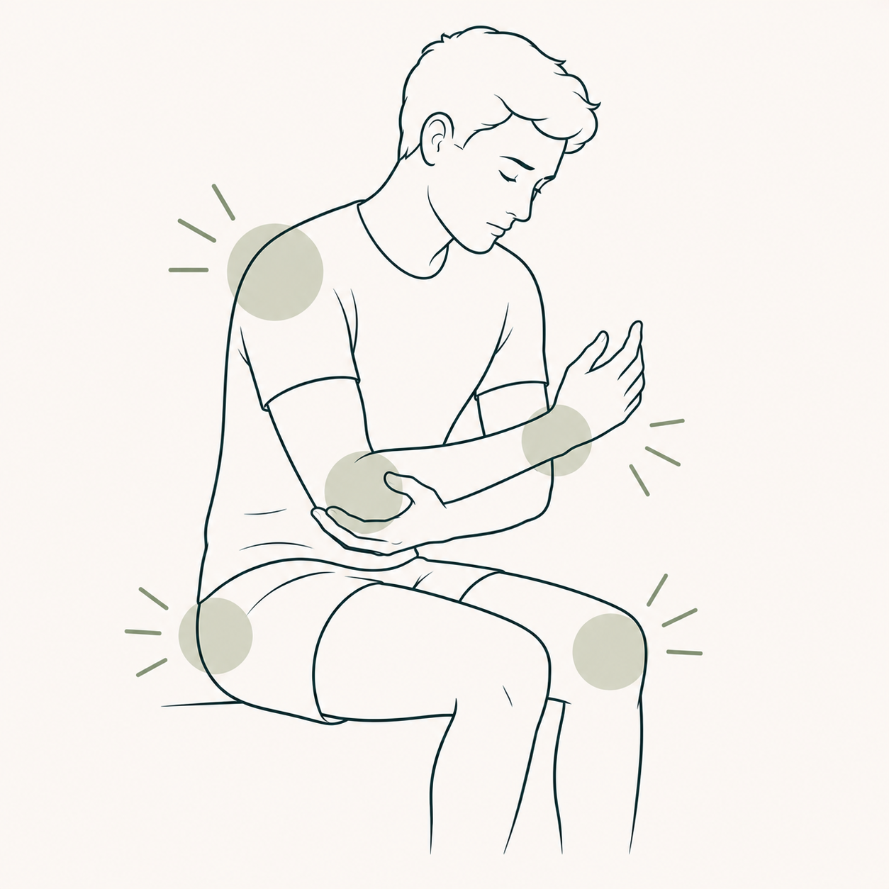 Line drawing of a young man sitting cross-legged, holding his elbow with one hand and his wrist with the other, signifying arm pain or discomfort, with highlighted points on his shoulder, elbow, wrist, hip, knee, and ankle.
