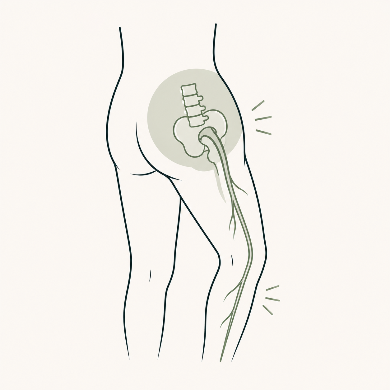 Illustration of the human lower back and leg highlighting the spine and sciatic nerve with pain indicators.