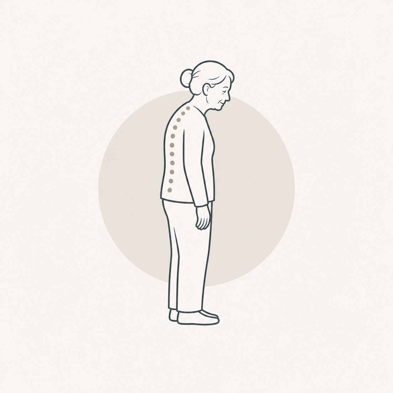 Line drawing of an elderly woman with a bun hairstyle, standing with a curved spine, wearing a long-sleeved shirt, pants, and slippers, with a dotted line indicating the alignment of her back.