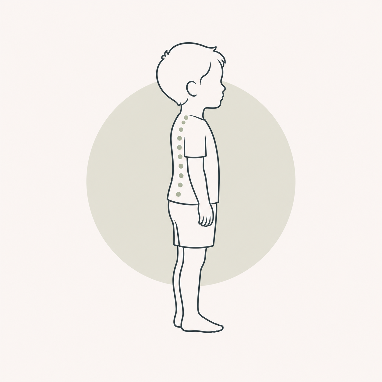 Line drawing of a person standing sideways with dots along the spine indicating posture or alignment.