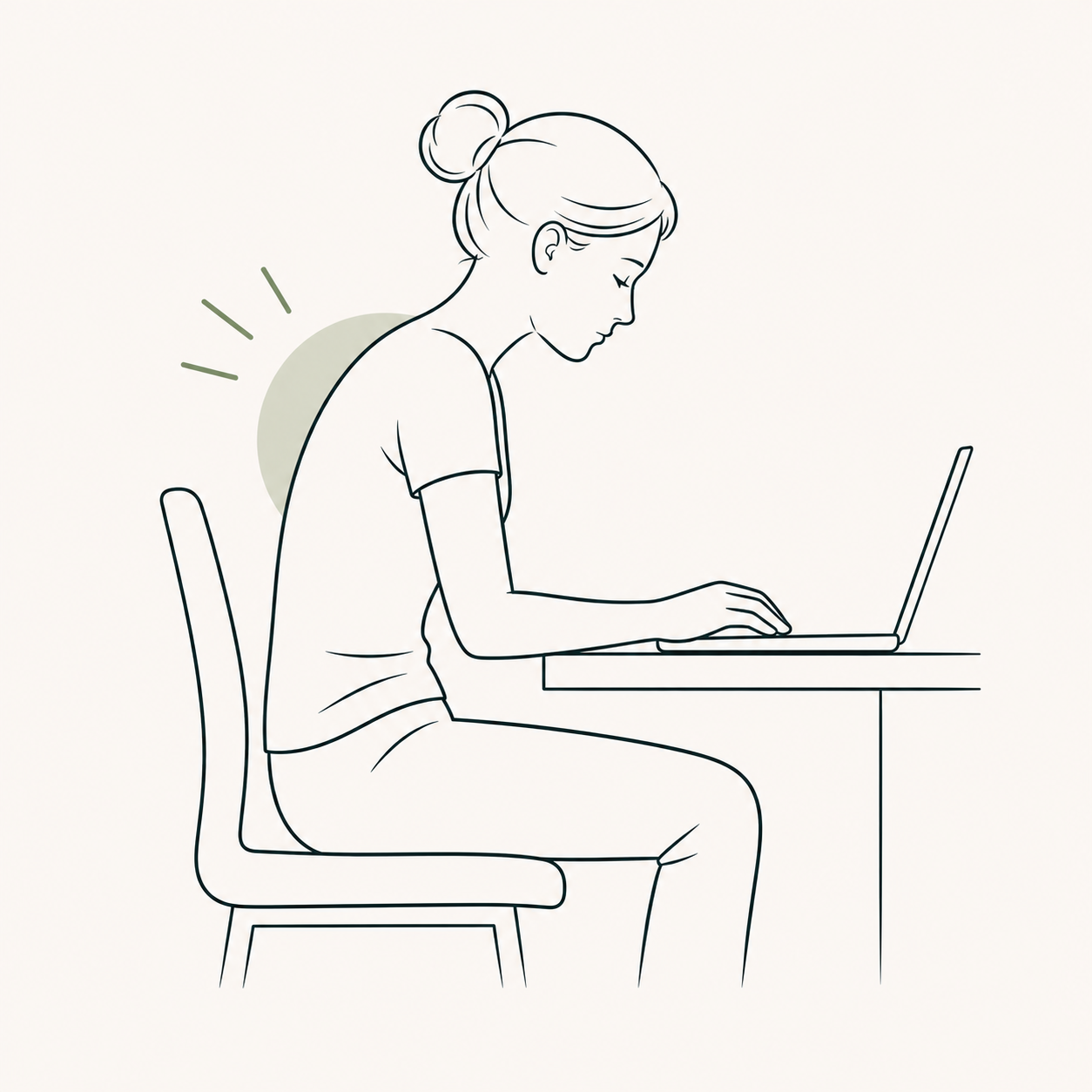Line drawing of a woman sitting at a desk working on a laptop, with a subtle green halo behind her.