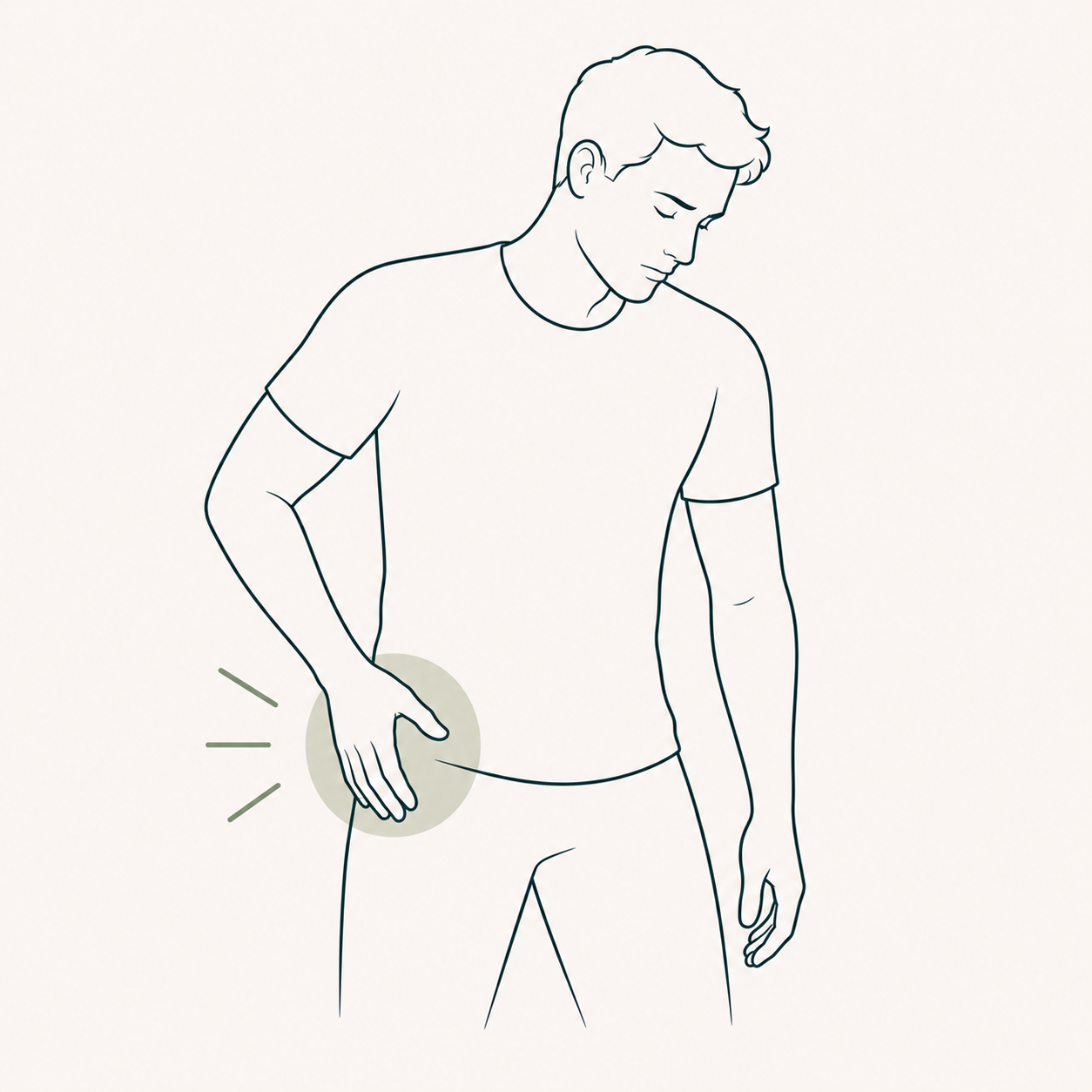 Line drawing of a person touching their lower back, indicating pain or discomfort in that area.