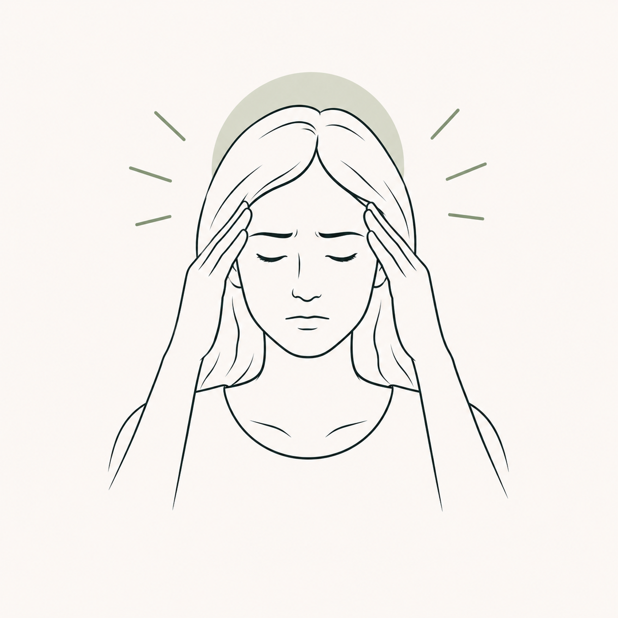 Woman with her eyes closed, holding her head with both hands, calming her headache or stress, with a soft green halo behind her head and lines radiating outward.