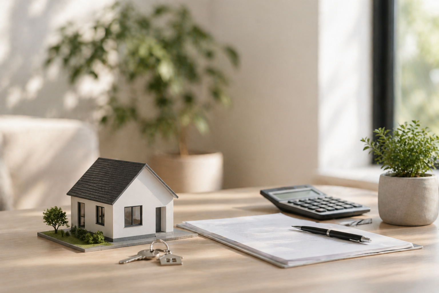 A small house model on a table with keys in front, next to a calculator, a pen, a stack of papers, and potted plants, with natural light coming through a window.