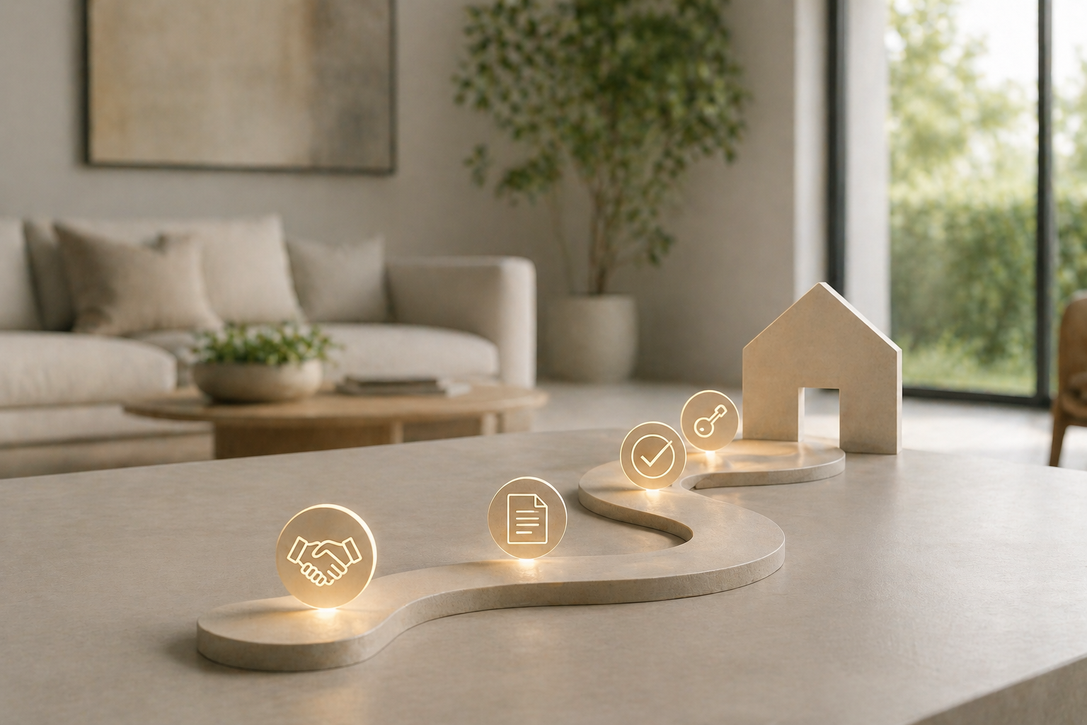 Decorative illuminated symbols on a curved stone pathway leading to a house-shaped structure in a modern living room with large windows and potted plants.
