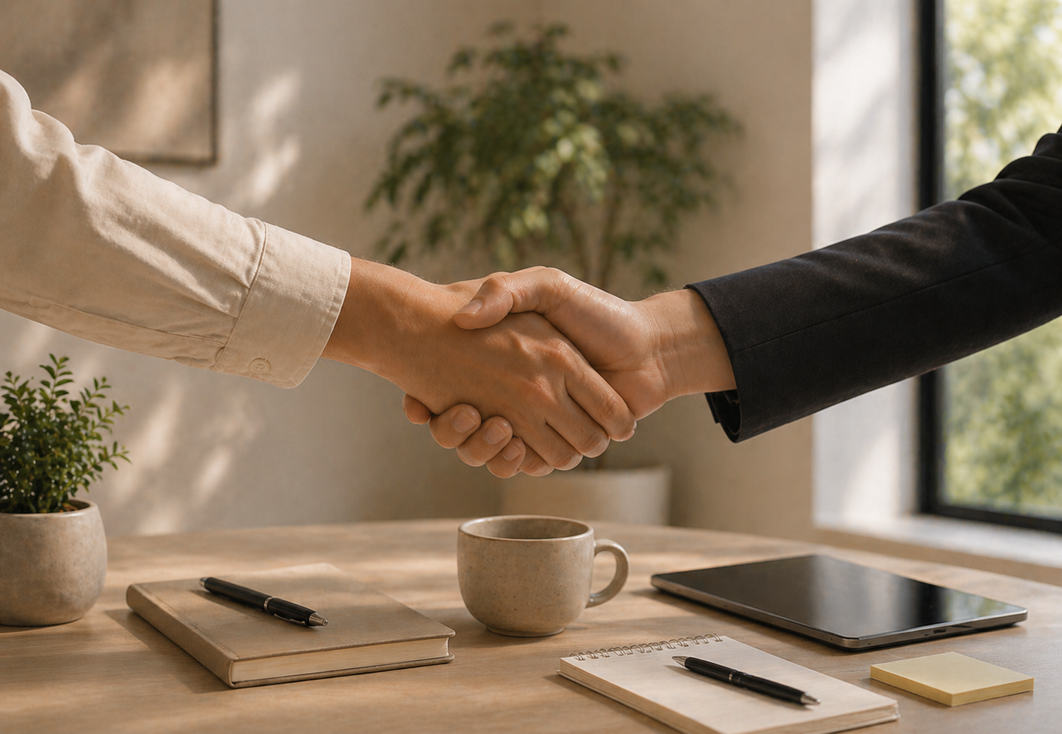 Two people shaking hands over a table in an office setting.