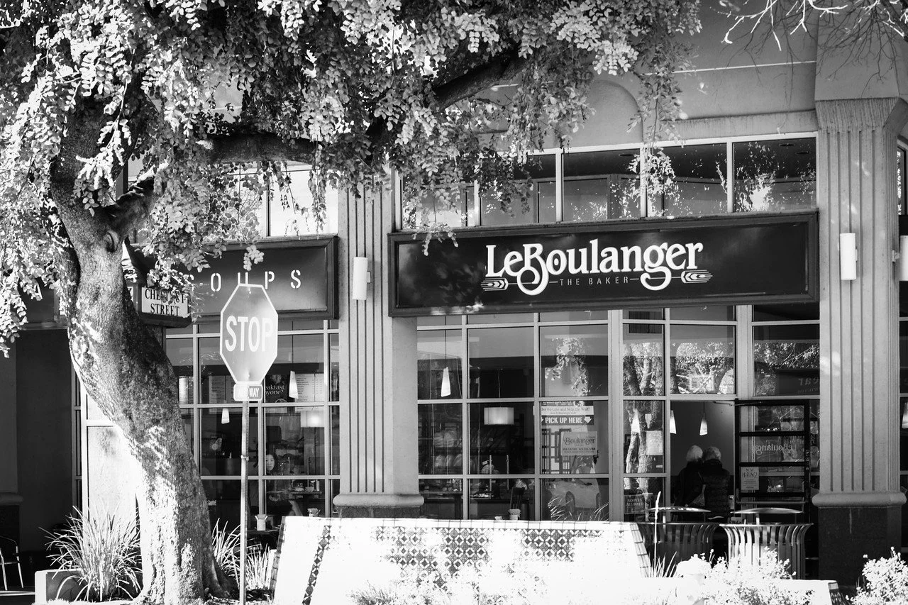 Black and white photo of the storefront for Le Roulanger bakery with large windows, a stop sign in front, and a tree partially covering the upper part of the store.