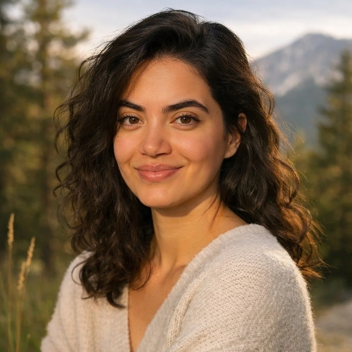 A woman with dark, curly hair smiling outdoors with trees and mountains in the background.