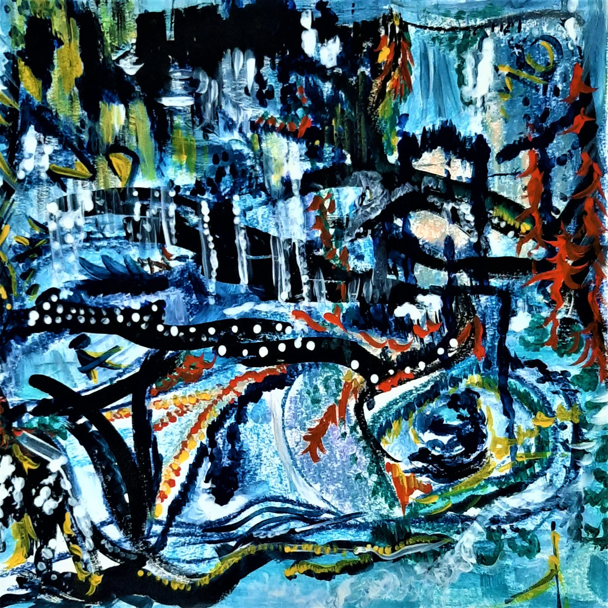 An abstract painting with vibrant colors, featuring a black structure, blue, green, yellow, white, red, and orange strokes, creating a dynamic composition.