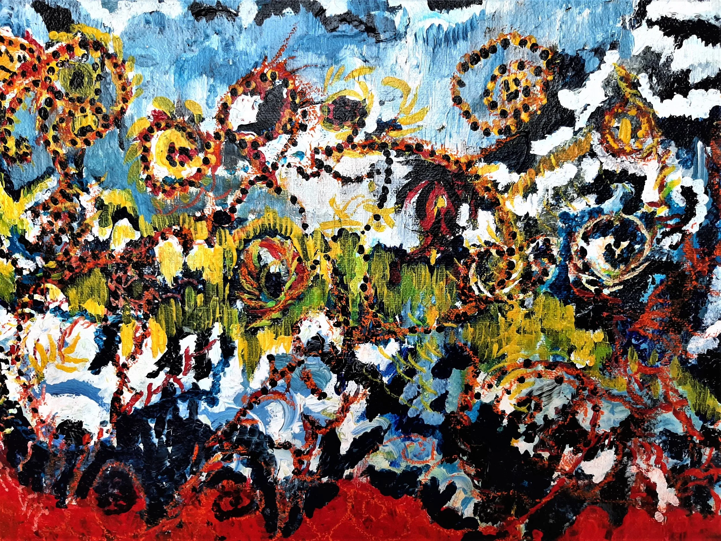 Colorful abstract painting featuring swirling patterns of black, white, yellow, red, and blue paint on a canvas.