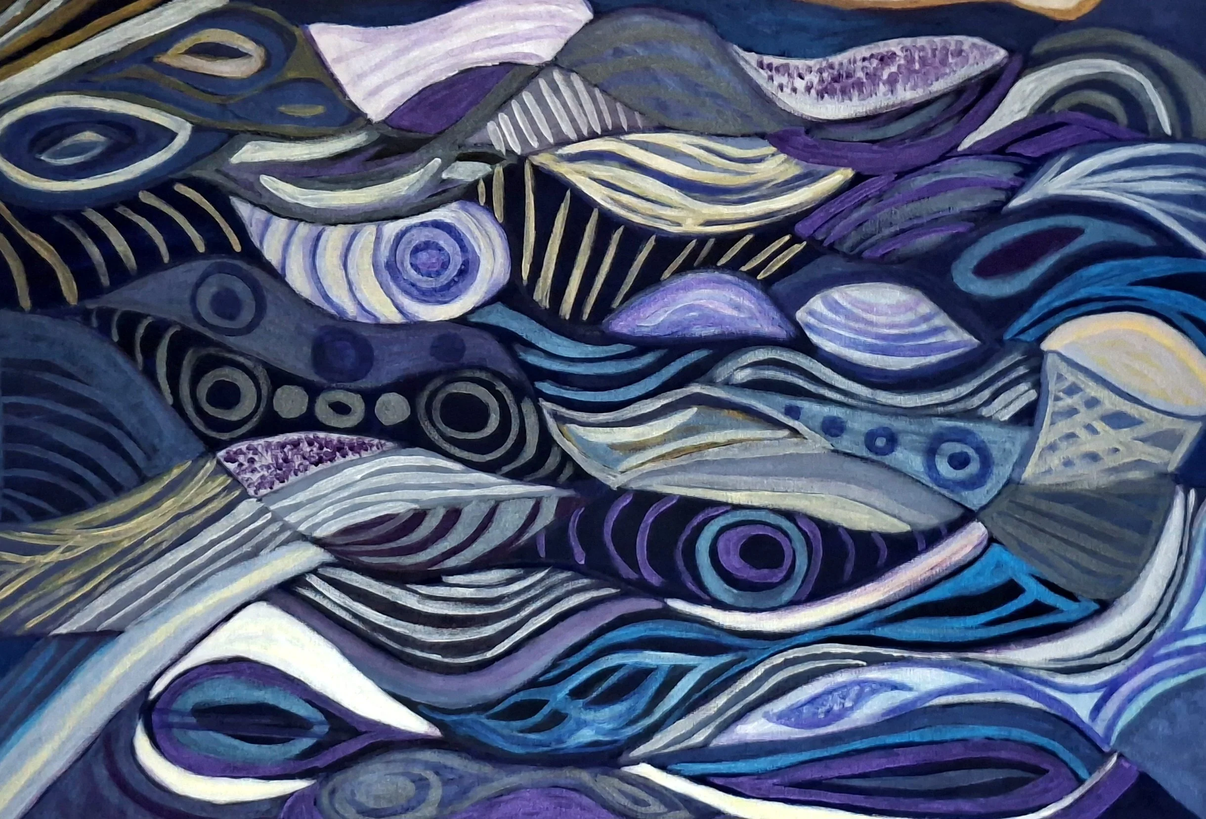 An abstract painting with swirling, flowing lines and shapes in various shades of blue, purple, black, gray, and white, creating a dynamic and textured composition.