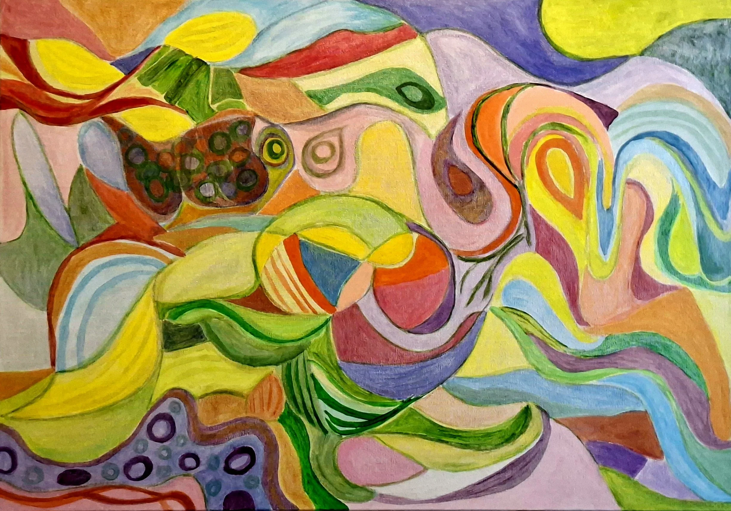 Colorful abstract painting with swirling shapes and patterns in yellow, orange, green, purple, and blue hues.