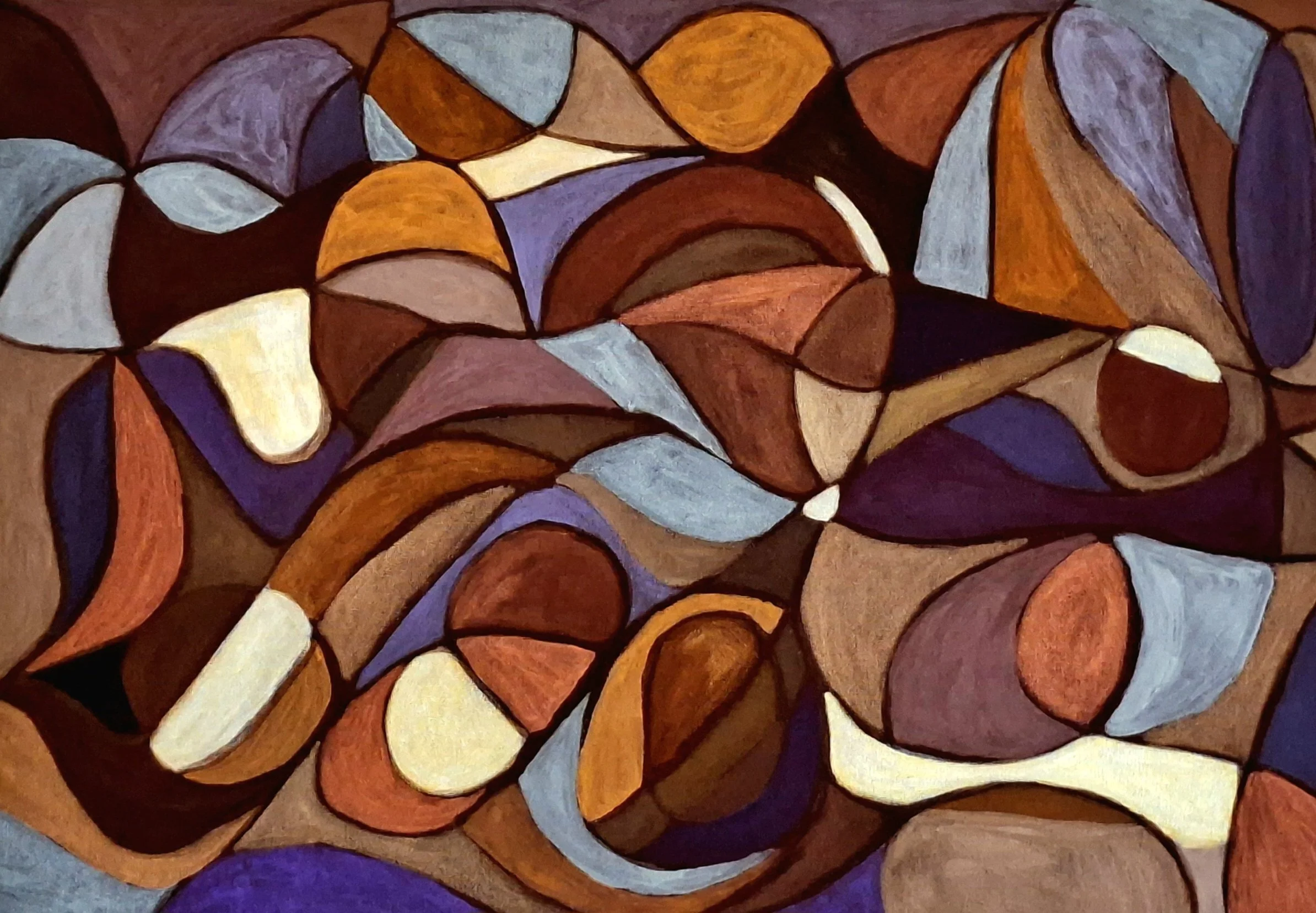 Abstract geometric painting with colorful curved shapes in shades of orange, purple, blue, brown, and cream outlined with black lines.