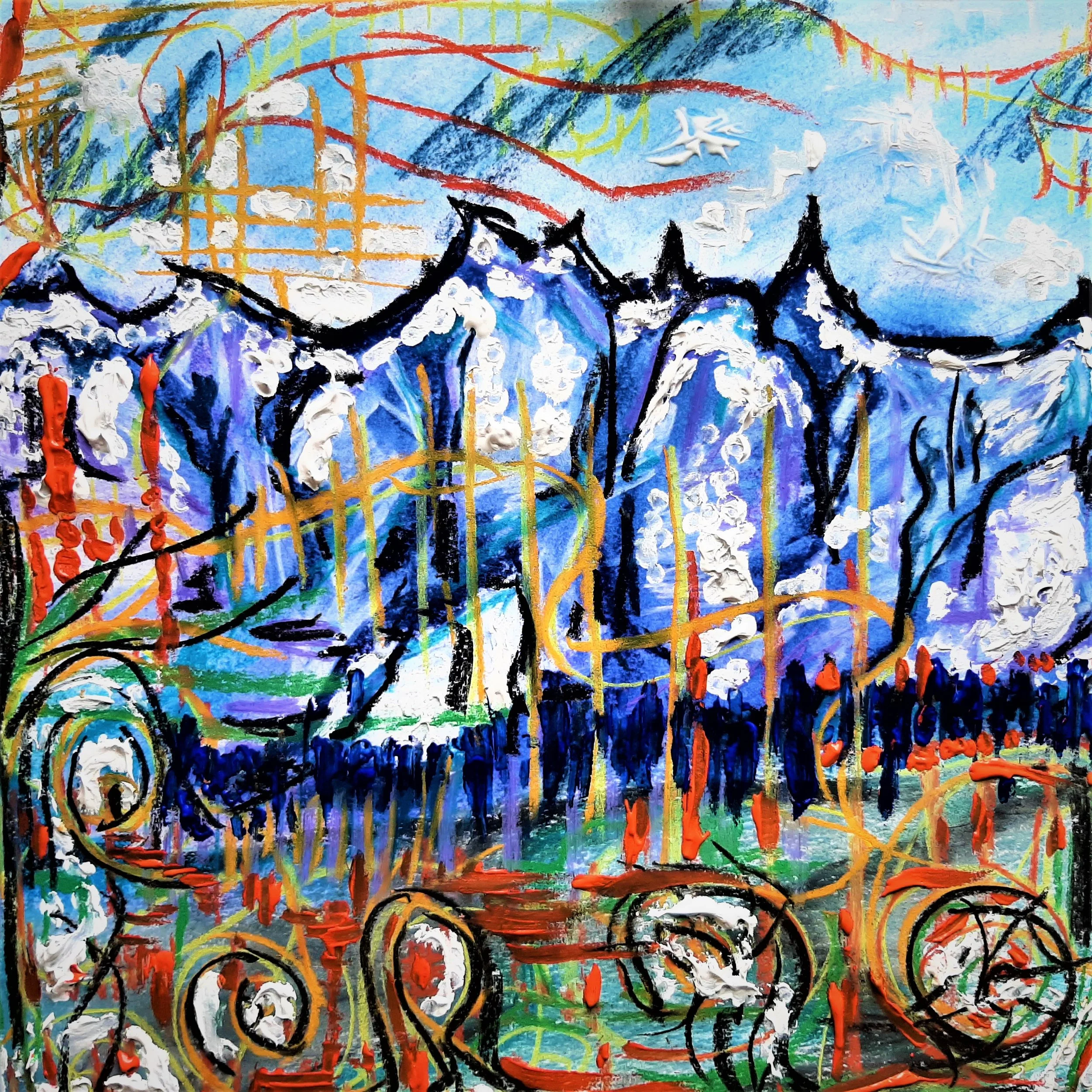 Colorful abstract painting featuring mountains, circular shapes, and vibrant lines with a sky background.