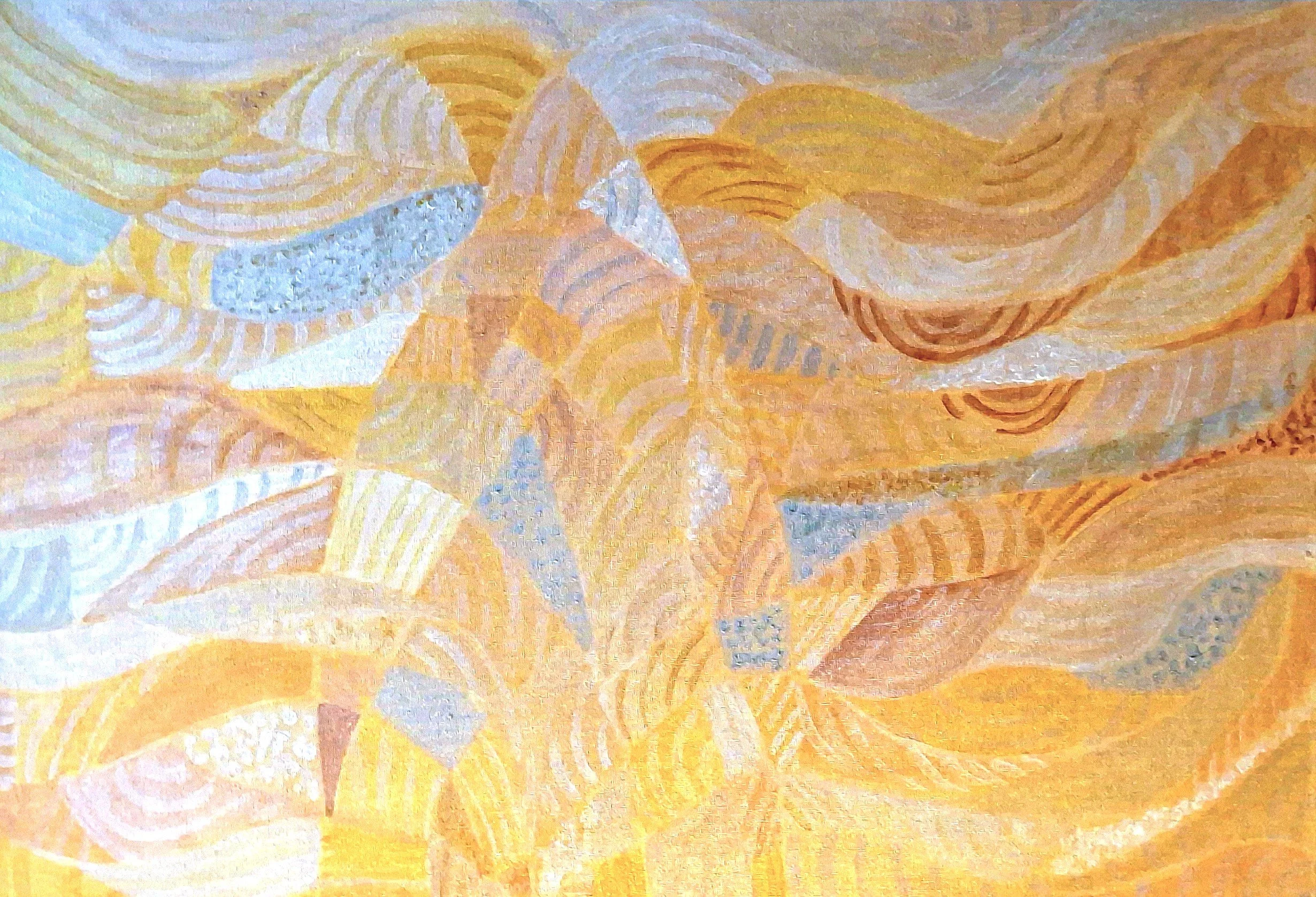 Abstract painting with swirling patterns in shades of yellow, orange, cream, gray, and blue.