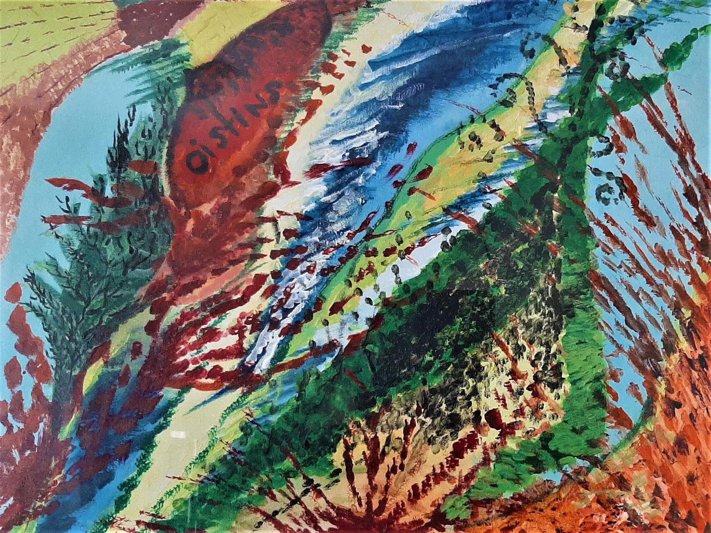 A colorful abstract painting with bold strokes of red, blue, green, yellow, black, and light blue, featuring a mixture of curved and straight lines, creating a dynamic and vibrant composition.