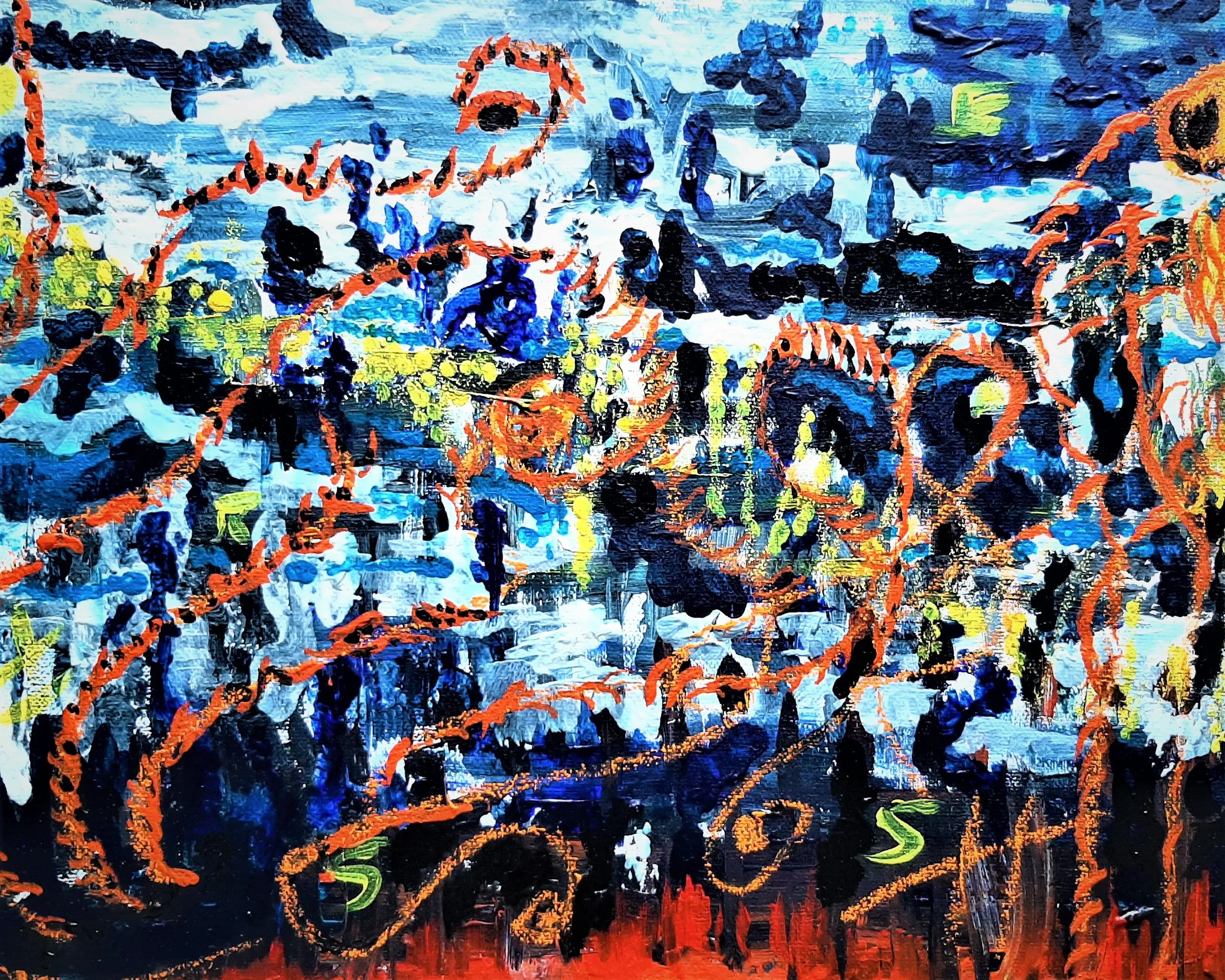 Colorful abstract painting with bold blue, black, orange, yellow, and green brushstrokes creating a textured scene.