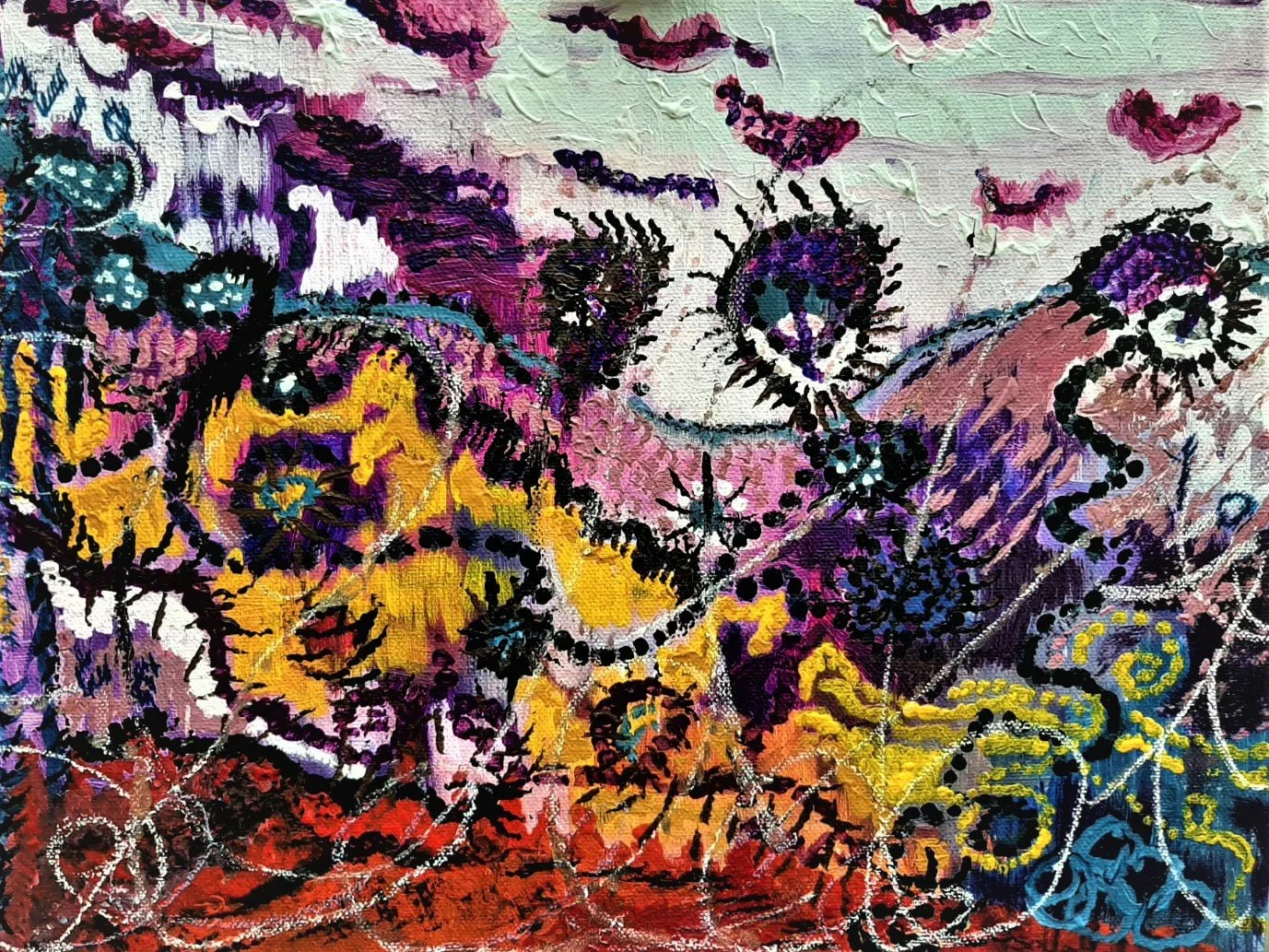 Abstract colorful painting with swirling patterns, dots, and lines in purple, yellow, red, and blue hues.