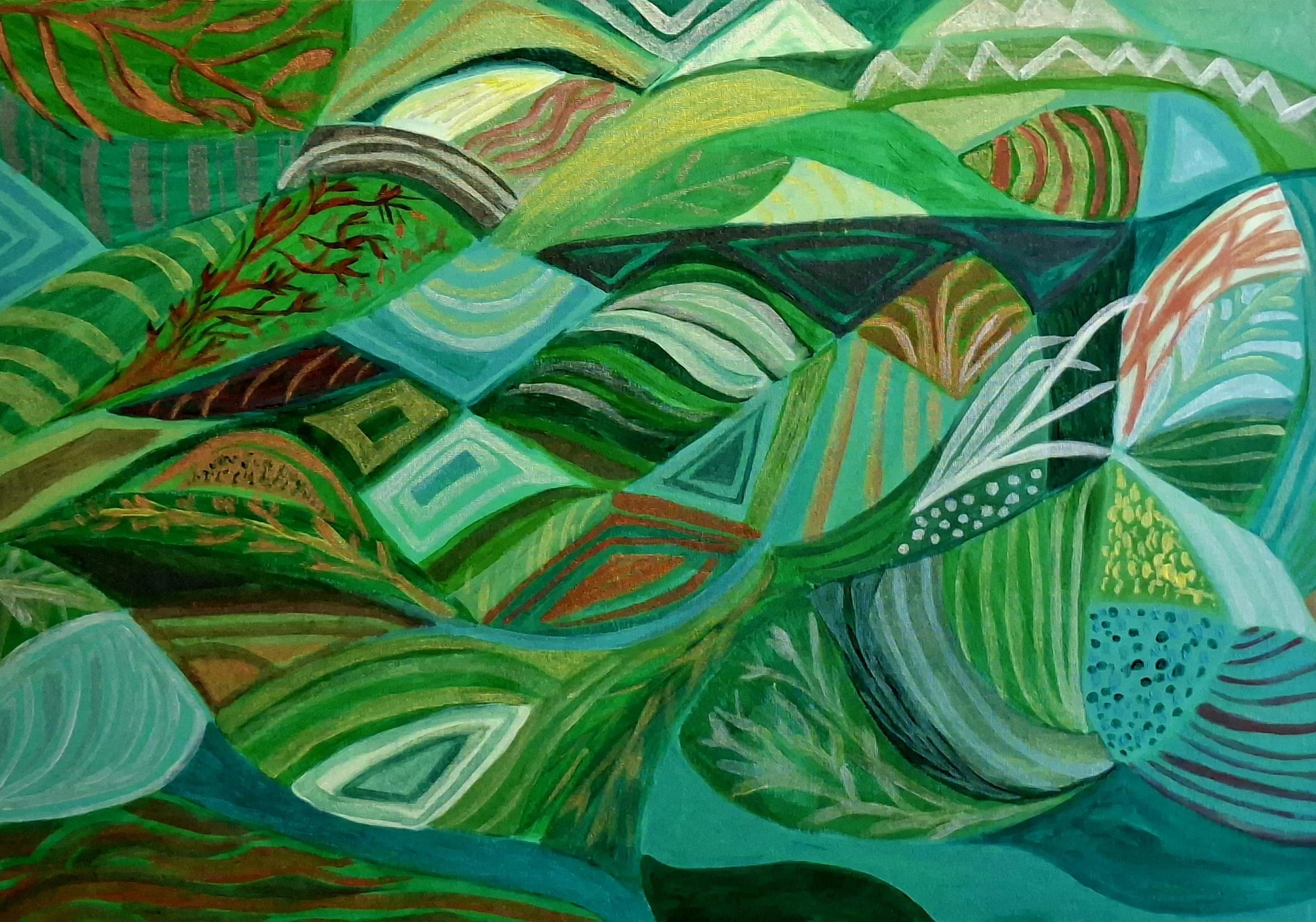 Colorful abstract painting with various patterns and shades of green, blue, yellow, and brown.