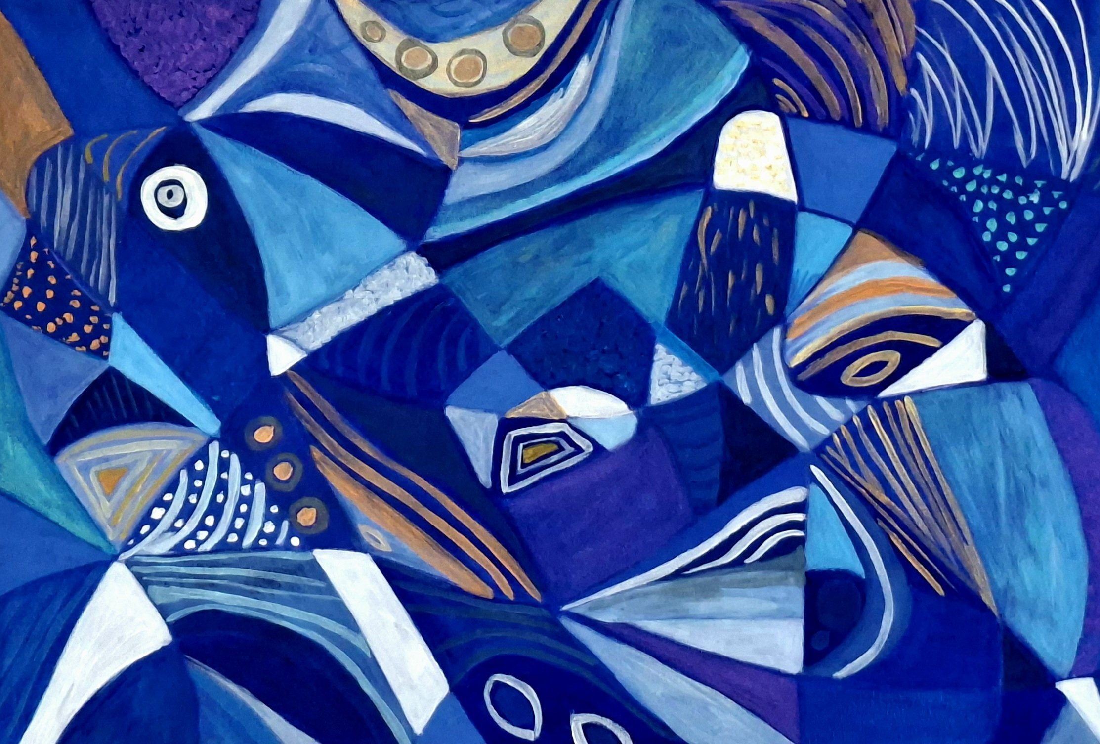 Close-up of an abstract painting with various shades of blue, accented by white, gold, and purple geometric and flowing patterns.